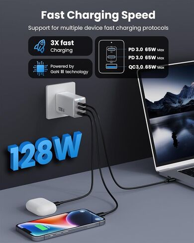 شاحن حائط USB C بقدرة 128 وات، محطة شحن سريعة GaN III بثلاثة منافذ، كتلة شاحن قابلة للطي PD QC، محول كمبيوتر محمول USB C بقدرة 65 وات لأجهزة MacBook Pro/Air، iPad Pro، Galaxy S23، Dell XPS 13، iPhone 15/Pro إلخ أسود in Kuwait