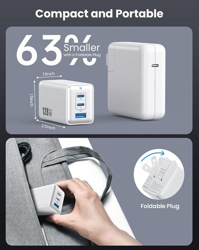 شاحن حائط USB C بقدرة 128 وات، محطة شحن سريعة GaN III بثلاثة منافذ، كتلة شاحن قابلة للطي PD QC، محول كمبيوتر محمول USB C بقدرة 65 وات لأجهزة MacBook Pro/Air، iPad Pro، Galaxy S23، Dell XPS 13، iPhone 15/Pro إلخ أسود in Kuwait