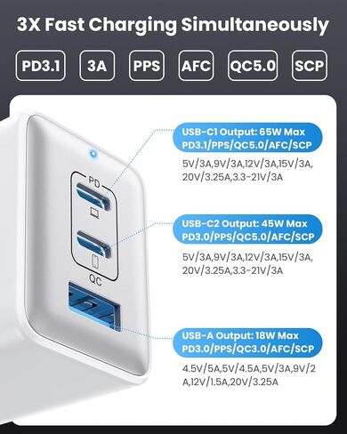 شاحن حائط USB C بقدرة 128 وات، محطة شحن سريعة GaN III بثلاثة منافذ، كتلة شاحن قابلة للطي PD QC، محول كمبيوتر محمول USB C بقدرة 65 وات لأجهزة MacBook Pro/Air، iPad Pro، Galaxy S23، Dell XPS 13، iPhone 15/Pro إلخ أسود in Kuwait