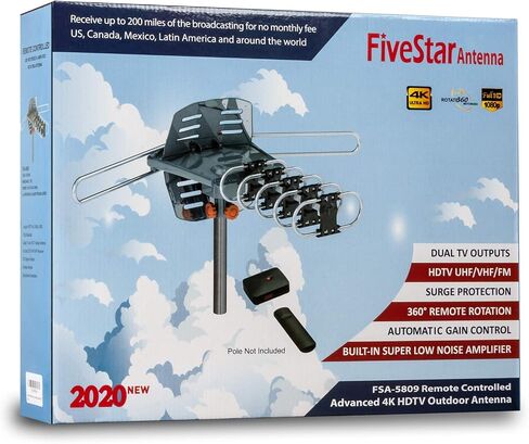 Five Star HDTV Antenna Amplified Digital Outdoor Antenna 150 Miles Range, 360 Degree Rotation Wireless Remote, with 40FT RG6 Coax Cable Installation Kit Supports 5 TVs in Kuwait