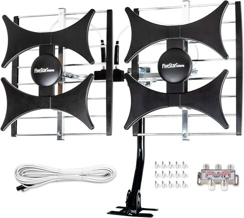 Five Star Multi-Directional 4V HDTV Amplified Antenna - up to 200 Mile Range, UHF/VHF, Indoor, Attic, Outdoor, 4K Ready 1080P FM w/ 40ft RG6 coaxial Cable, Mounting Pole in Kuwait