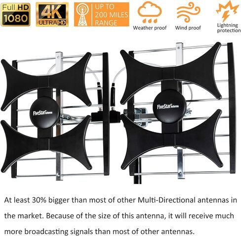 Five Star Multi-Directional 4V HDTV Amplified Antenna - up to 200 Mile Range, UHF/VHF, Indoor, Attic, Outdoor, 4K Ready 1080P FM w/ 40ft RG6 coaxial Cable, Mounting Pole in Kuwait