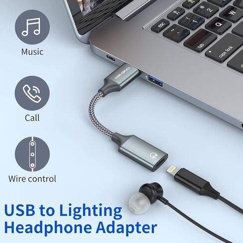USB A to Lighting Audio Adapter Cable, Nylon Braided USB Male to Lightning Female Dongle Converter Support Volume Control Mic Compatible with MacBook Computer PC Headphone,Earphones, Earbuds, and More in Kuwait