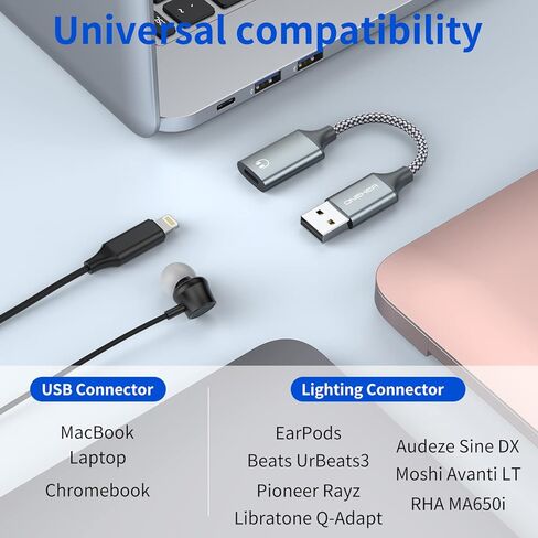 USB A to Lighting Audio Adapter Cable, Nylon Braided USB Male to Lightning Female Dongle Converter Support Volume Control Mic Compatible with MacBook Computer PC Headphone,Earphones, Earbuds, and More in Kuwait