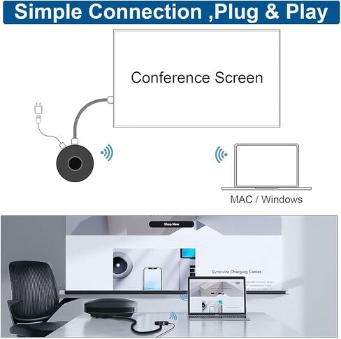 محول دونجل عرض HDMI لاسلكي من Topbuy، محول تلفزيون يستخدم لبث الفيديو/الصوت من الكمبيوتر المحمول والكمبيوتر الشخصي والهاتف الذكي إلى HDTV/جهاز العرض، بدون إعداد، لا حاجة إلى تطبيق، يدعم Android وiOS وWindows وMacOS in Kuwait