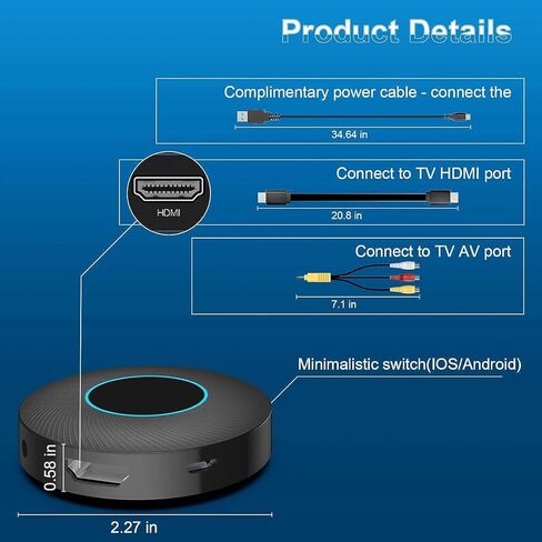 محول دونجل عرض HDMI لاسلكي من Topbuy، محول تلفزيون يستخدم لبث الفيديو/الصوت من الكمبيوتر المحمول والكمبيوتر الشخصي والهاتف الذكي إلى HDTV/جهاز العرض، بدون إعداد، لا حاجة إلى تطبيق، يدعم Android وiOS وWindows وMacOS in Kuwait