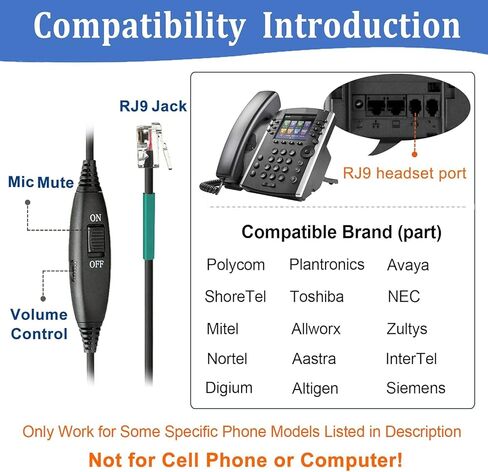 سماعة هاتف Callez Office مع ميكروفون عازل للضوضاء، سماعات RJ9 متوافقة مع هواتف Polycom Avaya 1416 Aastra 9731 Allworx Gigaset Mitel 5330 Plantronics S10 للهواتف المكتبية الأرضية (C300A1) in Kuwait