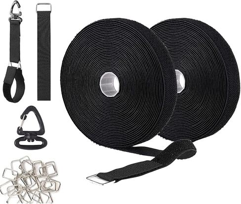 Jumpso 2 in 1 32Ft Cable Straps 1 inch Wide with 30 Metal Buckles and 10 Hooks, Reusable Hook and Loop Straps, Extension Cord Holder Storage Strap for Garden Hoses and Ropes, Black in Kuwait