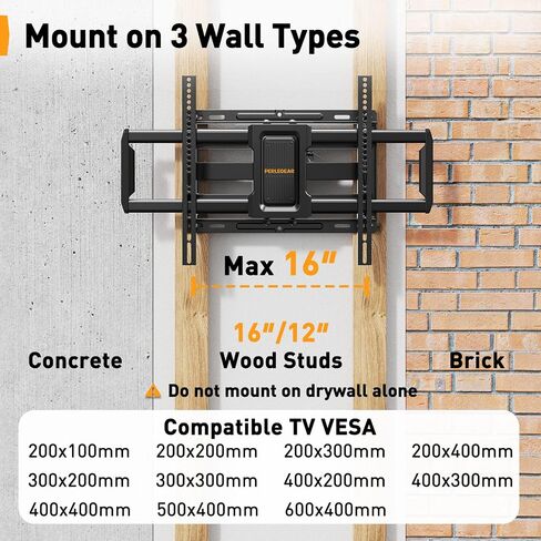Perlegear Full Motion TV Wall Mount for Most 40–82 inch TVs, Preassembled and Telescopic Front Support with Swivel, Tool-Free Tilt, Fits 12″/16″ Wood Studs, Max VESA 600x400mm, Up to 100lbs in Saudi Arabia