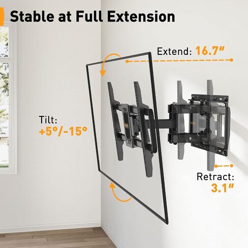 Perlegear Full Motion TV Wall Mount for Most 40–82 inch TVs, Preassembled and Telescopic Front Support with Swivel, Tool-Free Tilt, Fits 12″/16″ Wood Studs, Max VESA 600x400mm, Up to 100lbs in Saudi Arabia