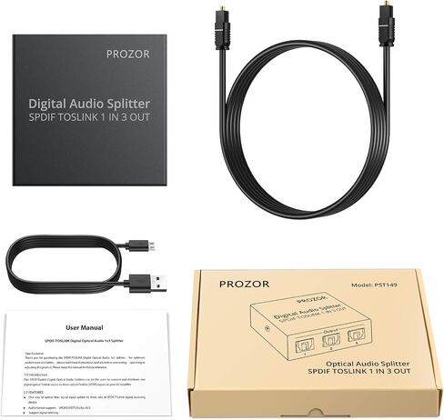 مقسم الصوت البصري الرقمي PROZOR 5.1CH 1 x 3 SPDIF Toslink Splitter يدعم LPCM 2.0/DTS مع كابل بصري لمشغلات STB VHS VCR Blue-Ray DVD ومضخم الطاقة HDTV in Kuwait