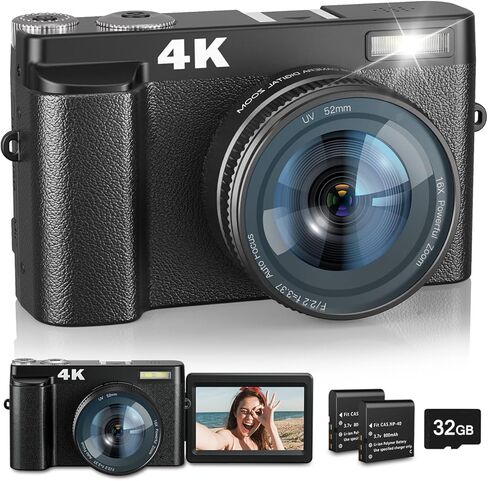 DSOEKEU 4K Digital Camera Flash & Selfie,48MP Camera for Photography Autofocus 16X Zoom,Anti-Shake Vlogging Camera Compact Travel Digital Cameras Flip Screen,32GB Memory Card,Two Batteries Black in Kuwait