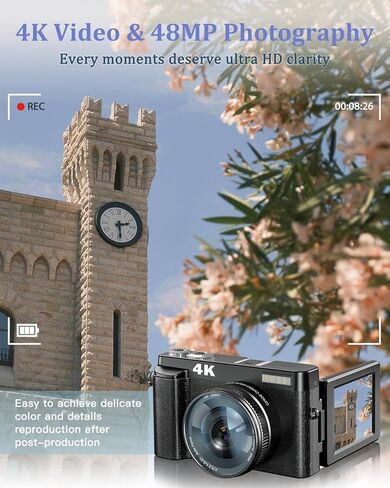 DSOEKEU 4K Digital Camera Flash & Selfie,48MP Camera for Photography Autofocus 16X Zoom,Anti-Shake Vlogging Camera Compact Travel Digital Cameras Flip Screen,32GB Memory Card,Two Batteries Black in Kuwait