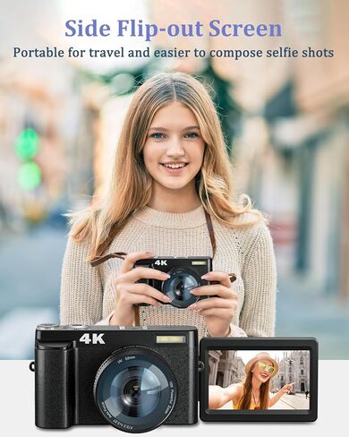 DSOEKEU 4K Digital Camera Flash & Selfie,48MP Camera for Photography Autofocus 16X Zoom,Anti-Shake Vlogging Camera Compact Travel Digital Cameras Flip Screen,32GB Memory Card,Two Batteries Black in Kuwait