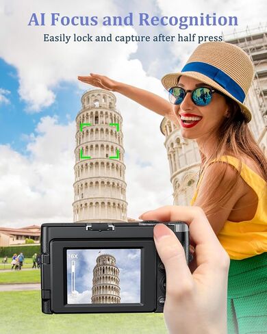 DSOEKEU 4K Digital Camera Flash & Selfie,48MP Camera for Photography Autofocus 16X Zoom,Anti-Shake Vlogging Camera Compact Travel Digital Cameras Flip Screen,32GB Memory Card,Two Batteries Black in Kuwait