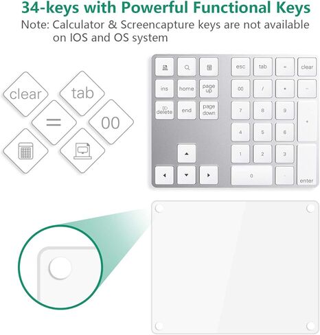 Bluetooth Numeric Keypad with Multiple Shortcuts 34-Keys Number Pad Wireless Portable Slim Number Pad for iPad/Mac/Laptop/PC Compatible with Windows Android iOS System in Kuwait