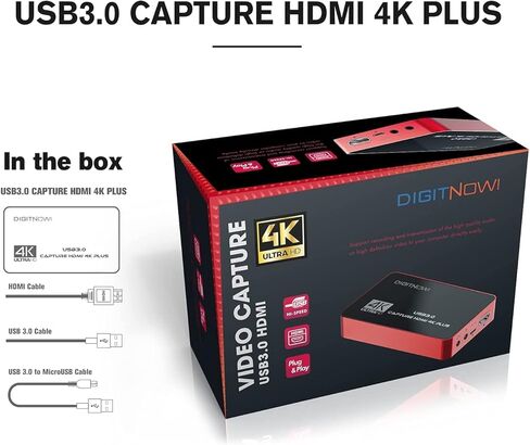 بطاقة التقاط فيديو 4K HD USB 3.0 مع حلقة HDMI، 4K60 HDR بدون تأخير، بطاقة التقاط 4K30 لتسجيل الفيديو، البث المباشر، متوافقة مع PS4/Pro، PS5، Xbox One X/S، Xbox 360 in Kuwait