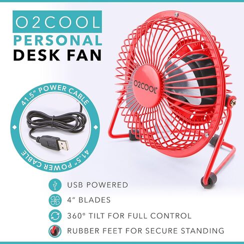 مروحة مكتب شخصية O2COOL مقاس 4 بوصات USB - مروحة تبريد طاولة صغيرة محمولة - يتم توصيلها بالكمبيوتر - قابلة للتعديل بزاوية 360 درجة، هادئة، أقدام مطاطية - أزرق in Kuwait
