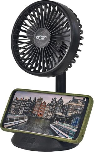 Comfort Zone CZPF401BK 4" Rechargeable Fan with Wireless Charger - USB Chargeable Lithium Battery, Adjustable Tilt - Powerful & Portable, Cooling & Charging, Black in Saudi Arabia