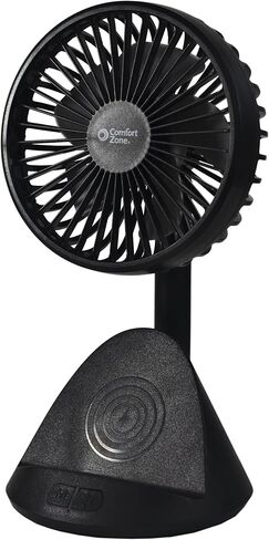 Comfort Zone CZPF401BK 4" Rechargeable Fan with Wireless Charger - USB Chargeable Lithium Battery, Adjustable Tilt - Powerful & Portable, Cooling & Charging, Black in Saudi Arabia
