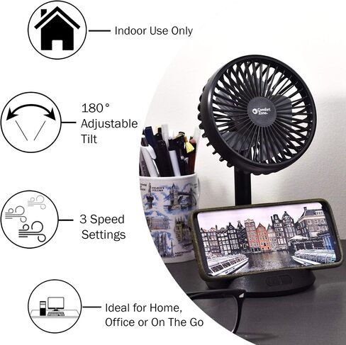 Comfort Zone CZPF401BK 4" Rechargeable Fan with Wireless Charger - USB Chargeable Lithium Battery, Adjustable Tilt - Powerful & Portable, Cooling & Charging, Black in Saudi Arabia