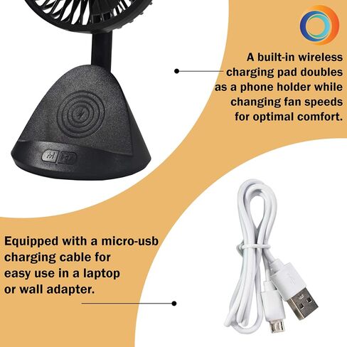Comfort Zone CZPF401BK 4" Rechargeable Fan with Wireless Charger - USB Chargeable Lithium Battery, Adjustable Tilt - Powerful & Portable, Cooling & Charging, Black in Saudi Arabia