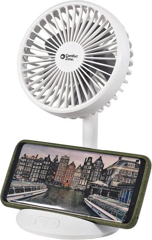 Comfort Zone CZPF401BK 4" Rechargeable Fan with Wireless Charger - USB Chargeable Lithium Battery, Adjustable Tilt - Powerful & Portable, Cooling & Charging, Black in Saudi Arabia