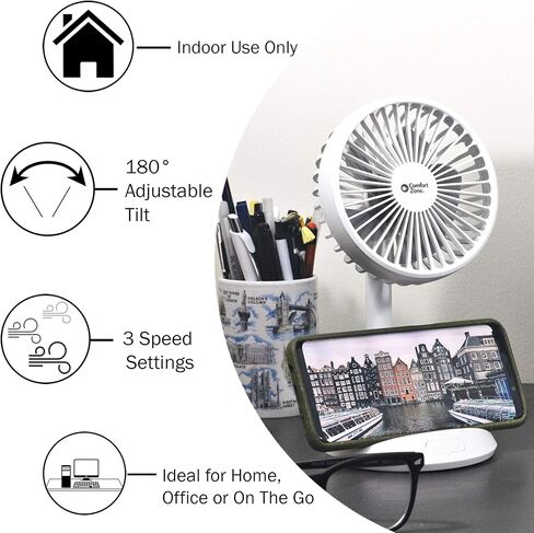 Comfort Zone CZPF401BK 4" Rechargeable Fan with Wireless Charger - USB Chargeable Lithium Battery, Adjustable Tilt - Powerful & Portable, Cooling & Charging, Black in Saudi Arabia