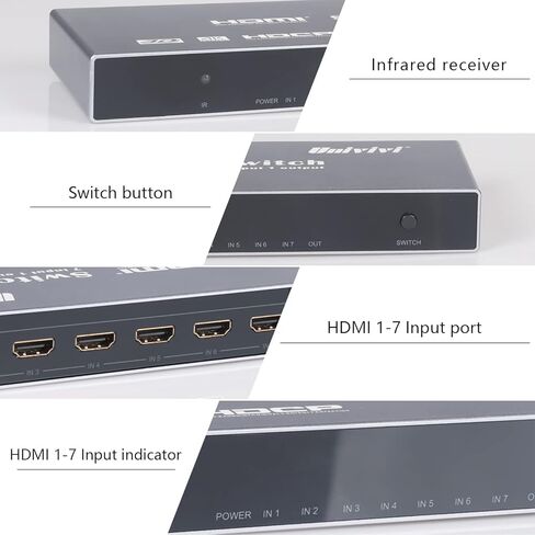 Univivi HDMI Switch مع جهاز تحكم عن بعد 7 في 1 خارج HDMI Switcher 4K @ 60 هرتز HDMI محدد HDMI Hub يدعم PS4، الكمبيوتر، Apple TV، Blu-ray، جهاز العرض، إصدار HDMI 2.0 in Kuwait