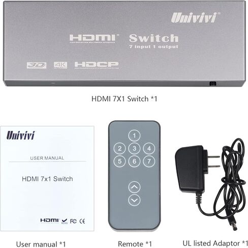 Univivi HDMI Switch مع جهاز تحكم عن بعد 7 في 1 خارج HDMI Switcher 4K @ 60 هرتز HDMI محدد HDMI Hub يدعم PS4، الكمبيوتر، Apple TV، Blu-ray، جهاز العرض، إصدار HDMI 2.0 in Kuwait
