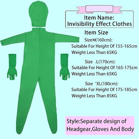 7Tek Green Screen Bodysuit Chromakey Body Suit Green Men Clothes Backdrop with Gloves for Photography Photo Film Video Invisible Effect (L:170CM, Green) in Saudi Arabia
