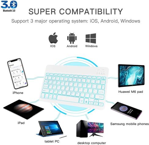 JUQITECH Ultra-Slim Backlit Wireless Bluetooth Keyboard Universal Rechargeable Keyboard for iPad 10.2/iPad Pro/iPad Air/Samsung Galaxy Tab A8/A7 Lite/S6 Lite/S8/S7 iOS Android Windows Devices, White in Kuwait