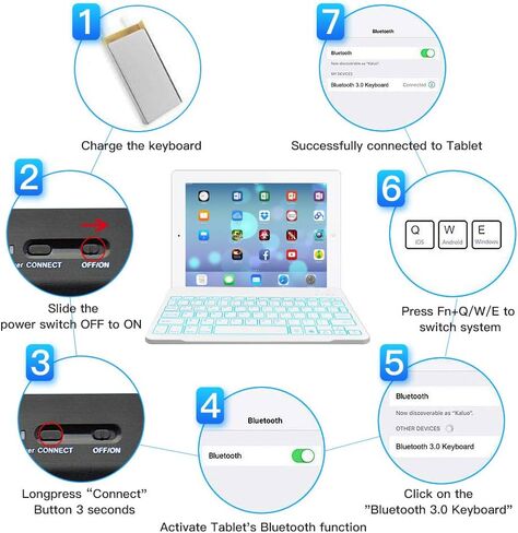 JUQITECH Ultra-Slim Backlit Wireless Bluetooth Keyboard Universal Rechargeable Keyboard for iPad 10.2/iPad Pro/iPad Air/Samsung Galaxy Tab A8/A7 Lite/S6 Lite/S8/S7 iOS Android Windows Devices, White in Kuwait