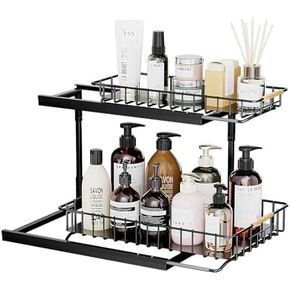 Swtmeldy Under Sink Organizer and Storage, Metal 2 Tier Sliding Under Sink Storage, Slide Out bathroom Organizers and Storage Shelf, Multi-Purpose Pull Out Cabinet Organizer for Kitchen Bathroom in Saudi Arabia