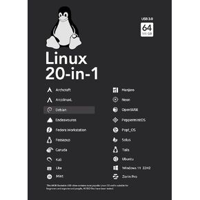 64GB - 20-in-1, Bootable USB Drive 3.0 for Linux & Windows 11, Mint 21.2 | Kali 2023.2 | Ubuntu 23.04 | OpenSUSE 2023.08 | Tails 5.16 | Debian 12.1.0, Supported UEFI and Legacy in Saudi Arabia