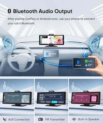 10.26 بوصة Apple Carplay وAndroid Auto، ستيريو سيارة محمول مع كاميرا داش 4K، كاميرا احتياطية 1080P، شاشة Drivemate Carplay مع بلوتوث/ملاحة/MirrorLink (صوت 4K BT (مكبر صوت Pro)) in Kuwait