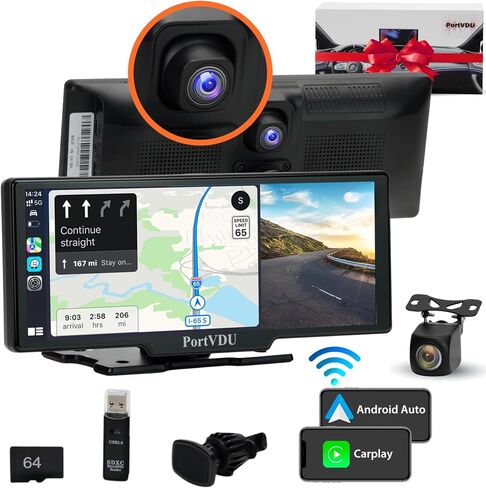 ستيريو سيارة محمول من PortVDU مزود بتقنية Apple Carplay وAndroid Auto اللاسلكية، وأحدث كاميرا داش كام 2.5K لعام 2023 وكاميرا احتياطية عالية الدقة 1080P، وشاشة لمس IPS HD مقاس 9.3 بوصة، وبلوتوث، ونظام تحديد المواقع العالمي (GPS)، ووصلة مرآة وعناصر إضافية in Saudi Arabia