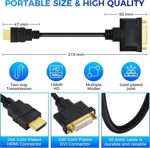 HDMI Female to DVI Male Adapter (2 Pack)，Bi-Directional DVI Male to HDMI Female Connector, Support 1080P Full HD Compatible for Roku, Xbox One, PS5，PS4, Blue-ray DVD, A/V Receivers-0.6ft in Kuwait