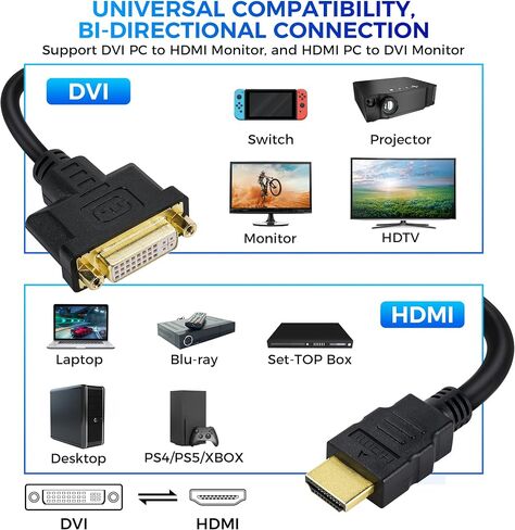 HDMI Female to DVI Male Adapter (2 Pack)，Bi-Directional DVI Male to HDMI Female Connector, Support 1080P Full HD Compatible for Roku, Xbox One, PS5，PS4, Blue-ray DVD, A/V Receivers-0.6ft in Kuwait