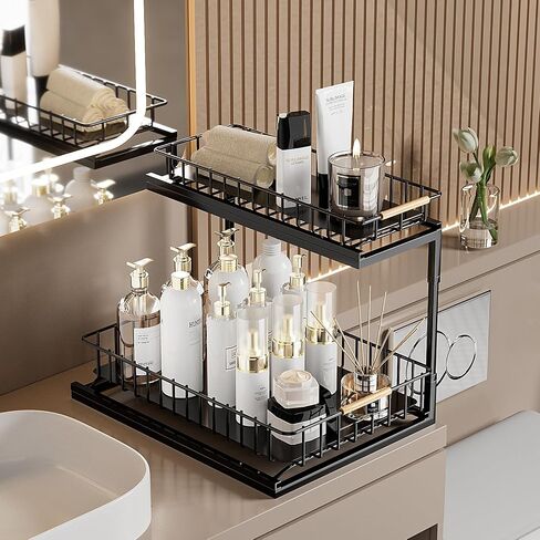Swtmeldy Under Sink Organizer and Storage, Metal 2 Tier Sliding Under Sink Storage, Slide Out bathroom Organizers and Storage Shelf, Multi-Purpose Pull Out Cabinet Organizer for Kitchen Bathroom in Saudi Arabia