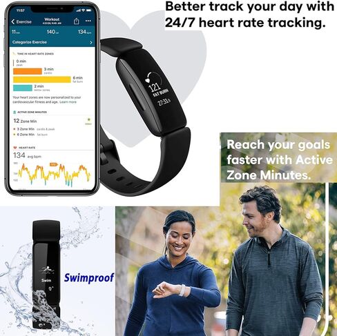 ساعة Fitbit Inspire 2 الذكية لتتبع الصحة واللياقة البدنية (أسود)، مع معدل ضربات القلب 24/7، تجربة مميزة لمدة عام، نطاقات S وL، كابل شحن 3.3 قدم، محول حائط، واقيات شاشة وقطعة قماش للتنظيف PremGear in Kuwait