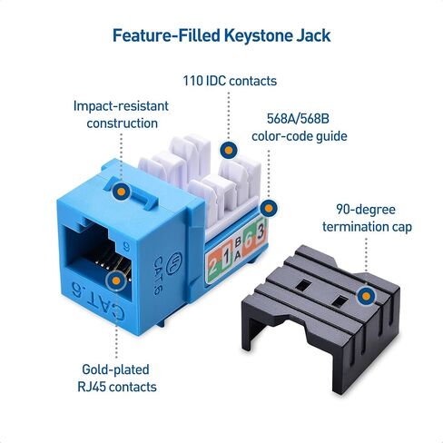Cable Matters مدرج في قائمة UL 25 حزمة رفيعة 90 درجة Cat 6، Cat6 RJ45 Keystone Jack مع Keystone Punch Down Stand باللون الأزرق (موديل 180070) in Kuwait