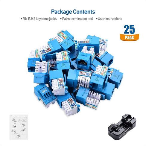 Cable Matters مدرج في قائمة UL 25 حزمة رفيعة 90 درجة Cat 6، Cat6 RJ45 Keystone Jack مع Keystone Punch Down Stand باللون الأزرق (موديل 180070) in Kuwait