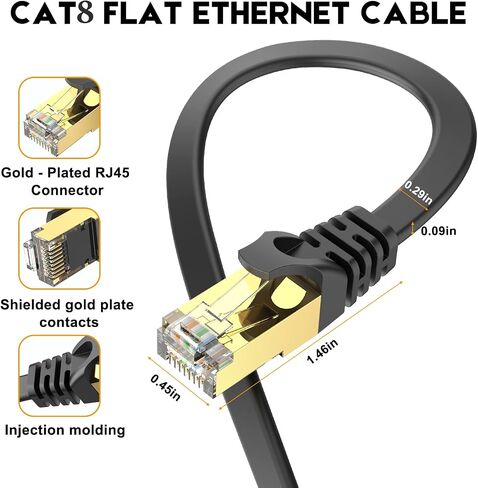 Ercielook CAT8 Ethernet Cable 30 ft,40Gbps 2000MHz High Speed, FTP Shielded | Flat Ethernet Cable, Weatherproof UV Resistant Network Cable RJ45 Connector for Gaming, Router, Modem, Home Office, Media in Saudi Arabia