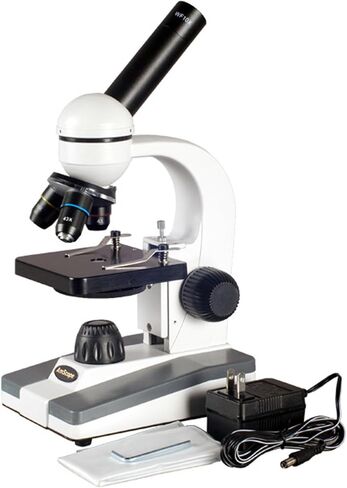 AmScope M148 مجهر أحادي مركب، عدسة WF10x، تكبير 40x-400x، إضاءة LED، Brightfield، مكثف أحادي العدسة، مرحلة عادية، 110 فولت أو يعمل بالبطارية، أبيض in Saudi Arabia