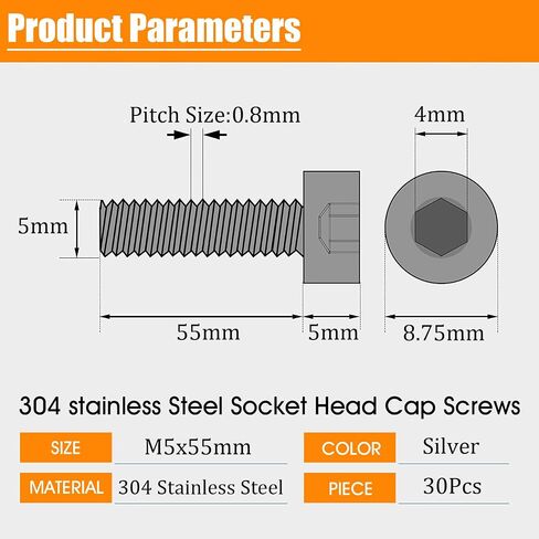 M5-0.8 * 8mm Socket Head Cap Screw, Socket Bolt,304 Stainless Steel,Metric Full Thread Screw,Allen Hex Drive Drive Type, Bright Finish, Machine Thread, Coarse Thread UNC,50 Pcs (M5x8mm) in Kuwait