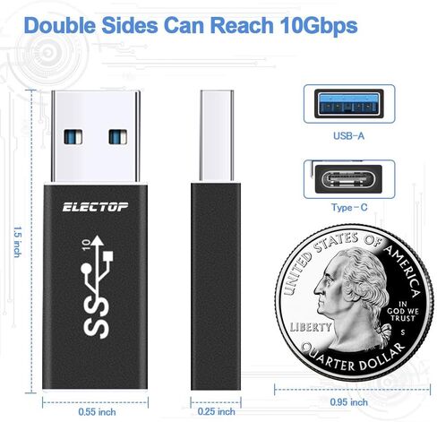 ELECTOP Double Sides 10Gbps, USB 3.1 GEN 2 Male to Type-C Female Adapter | Support Both 10Gbps Charging & Data Transfer, USB A to USB C 3.1 Converter for PC, Laptop, Charger, Power Bank, Quest Link in Kuwait