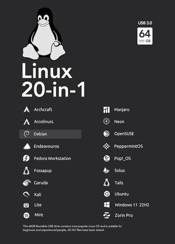 64GB - 20-in-1, Bootable USB Drive 3.0 for Linux & Windows 11, Mint 21.2 | Kali 2023.2 | Ubuntu 23.04 | OpenSUSE 2023.08 | Tails 5.16 | Debian 12.1.0, Supported UEFI and Legacy in Saudi Arabia