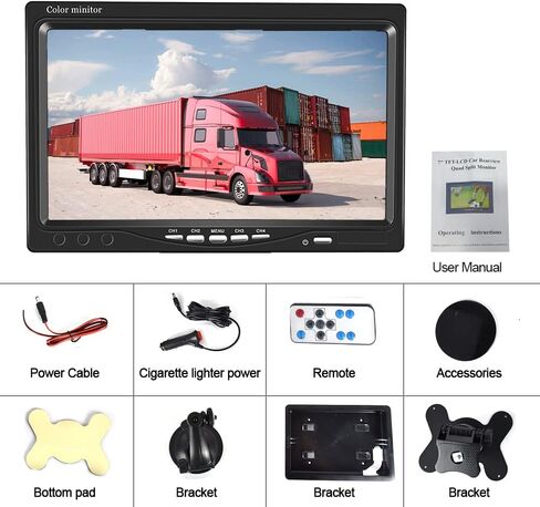 شاشة كاميرا احتياطية للمركبة مقاس 7 بوصات من Hikity فقط، شاشة عرض LCD عالية الدقة رباعية الانقسام، شاشة سيارة لشاحنة SUV Van RV، مدخل فيديو V1/V2/V3/V4، 9V/36V + دعامة تثبيت مسند الرأس وحامل لوحة القيادة in Kuwait
