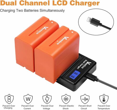 طقم شاحن بطارية NP-F970 مطور من Vemico بطاريات بديلة 2 × 8500 مللي أمبير في الساعة مع شاحن LCD من النوع C لسوني NP F970/F960/F530/F550/F570/F730/F750/F770/F930/F950/HDR-FX1/TR516/TR716 in Kuwait